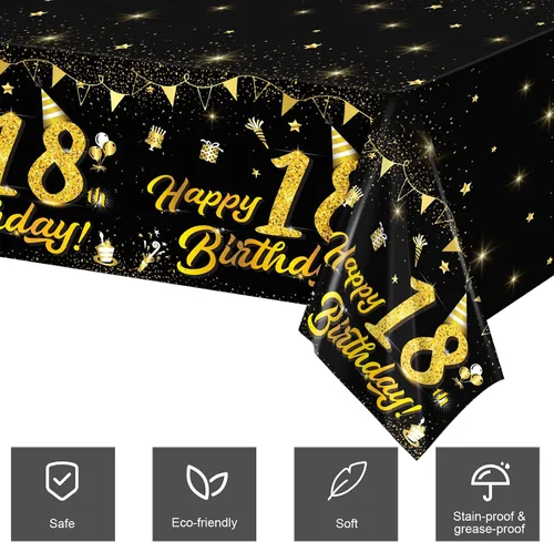 Miniatura 4 de durony Paquete de 2 manteles de cumpleaños de 18 años, de plástico, color negro y dorado, impermeable, rectangular, para fiestas en interiores