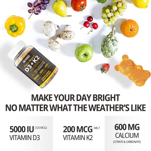 Miniatura 7 de Vitamina D3 5000 UI y K2 (como MK7) 200 mcg Gomitas + 600 mg de Calcio, con Aceite de Coco para Alta Absorción, Suplemento de Vitamina D3 K2