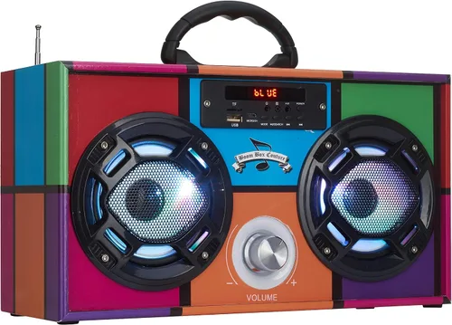 Miniatura 5 de Wireless Express - Altavoz portátil para fiestas: Boombox retro con Bluetooth, espectáculo de luces LED, radio FM mejorada, batería recargable