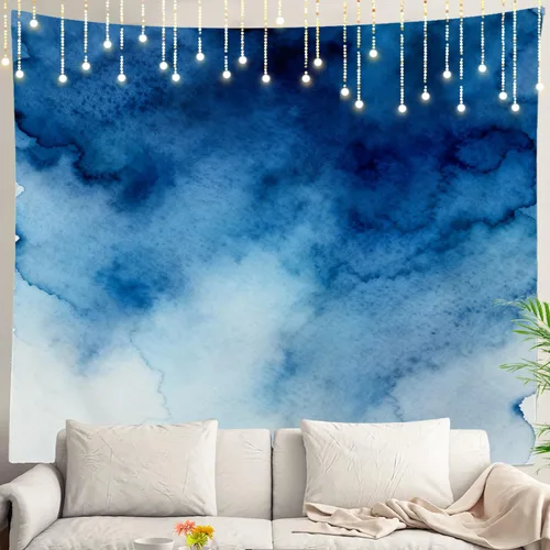 Miniatura 53 de Shrahala Tapiz de pared azul brillante, acuarela azul degradado para colgar en la pared, tapiz grande decorativo de fibra de poliéster, dobladillo