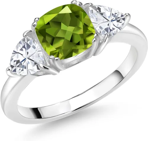 Miniatura 7 de 925 Sterling Silver Gemstone Birthstone and White Moissanite 3-Stone Engagement Ring for Women 7MM Cushion and 5MM Trillion Accents Three Stone