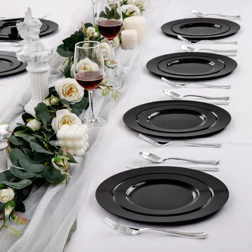 Miniatura 2 de FLOWERCAT 100 platos de plástico negro, platos desechables negros resistentes para fiesta de cumpleaños, boda, día del padre, para 50 invitados