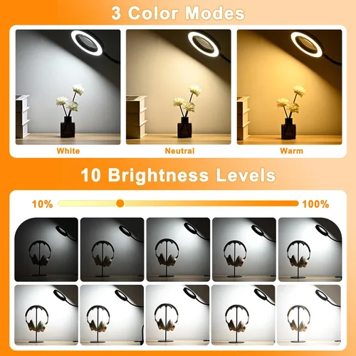 Miniatura 6 de 10 lupas con luz y temporizador, lámpara de escritorio con aumento 2 en 1, 3 modos de color, 10 brillo regulable, lupa flexible de cuello de cisne