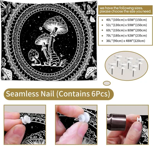 Miniatura 6 de SCECALA Tapiz bohemio de hongos, mandala blanco y negro para colgar en la pared para dormitorio, decoración bohemia del hogar, 60 x 40 pulgadas