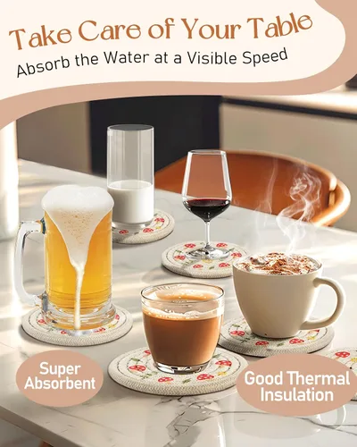 Miniatura 5 de Juego de 6 Posavasos para Bebidas - Posavasos Absorbentes para Tazas para Bebidas Mesa de Café Hogar Oficina Escritorio Decoración Tela de Algodón