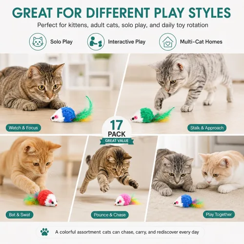 Miniatura 5 de FYNIGO Paquete de 17 juguetes interactivos para gatos de interior, ratones de felpa acentuados con hierba gatera con colas de plumas y sonido