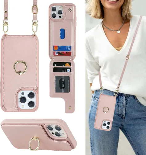Miniatura 10 de Lipvina Funda para iPhone 14 Plus con tarjetero y correa para mujer, cordón cruzado, bloqueo RFID, soporte de anillo de soporte, cierre a presión