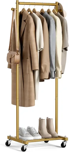 MISSLO Percheros pequeños para colgar ropa con ruedas, perchero de ropa de 60 pulgadas con estantes, estante portátil con ruedas para armarios Dorado