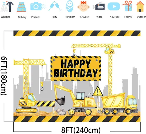 Miniatura 2 de Avezano Telón de fondo de fiesta de cumpleaños con temática de construcción, camión volquete, zona de excavadora, telón de fondo para fotografía