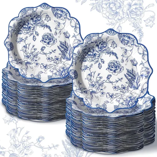 Miniatura 8 de 100 platos de papel florales azules, desechables, para bebé, despedida de soltera, suministros de fiesta, platos de postre florales, bandeja