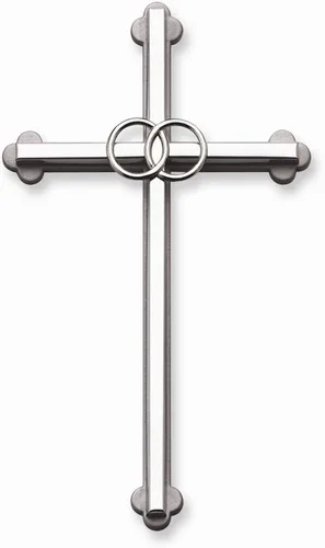 Cathedral Art Cruz de pared de boda, anillos entrelazados con cruz de metal plateado, 8 pulgadas, 0.40 x 4.50 pulgadas