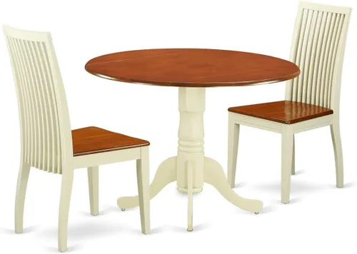 East West Furniture DLIP3-BMK-W Juego de mesa y sillas de cocina de 3 piezas contiene una mesa de comedor redonda con gotas y 2 sillas de comedor,