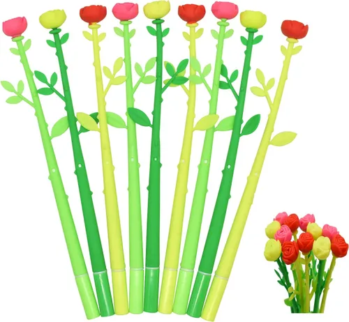 12 bolígrafos de silicona con diseño de rosas, color negro, para niñas, mujeres, profesores, señoras en casa, oficina, escuela, decoración de
