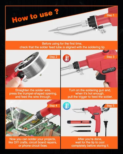 Miniatura 7 de Kit de soldador 6 en 1, pistola de soldadura automática profesional de 60 W 110 V, kit de pistola de soldadura de mano con bomba desoldadora, Rojo