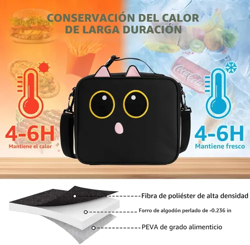 Miniatura 2 de Lonchera Aislante de Gato Negro lonchera para Adolescente Niña Niño Niña Caja Bento Reutilizable Gran Capacidad Portátil Impermeable A Prueba