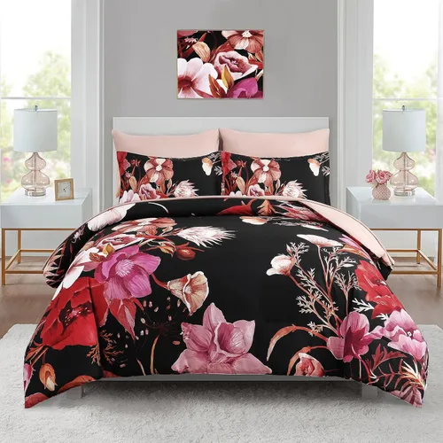 Miniatura 10 de Luxudecor Juego de edredón floral tamaño King de 7 piezas, cama de flores azul marino en una bolsa, elegante edredón floral con juego de sábanas
