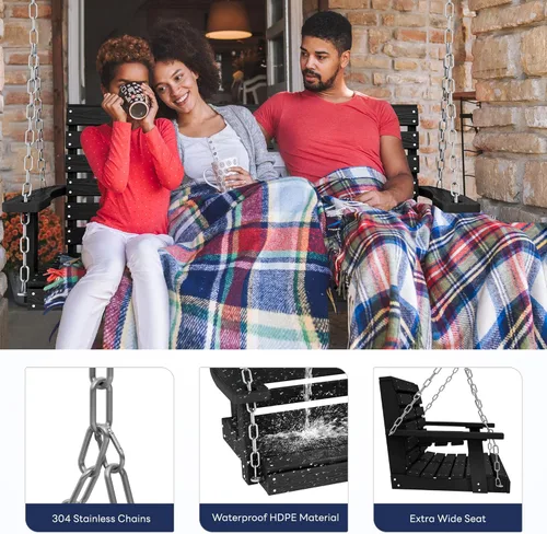 Miniatura 41 de KINGYES Columpio colgante para porche al aire libre, silla de columpio de patio de 2 asientos con portavasos, banco impermeable para patio y jardín