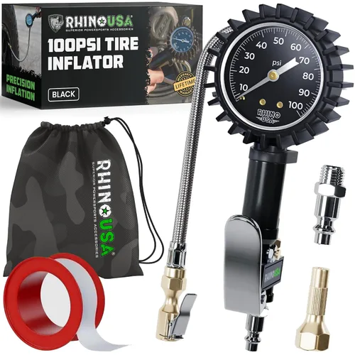 Rhino USA Inflador de neumáticos con manómetro (0-100 PSI) – ANSI B40.1 preciso, esfera brillante grande de 2 pulgadas de fácil lectura, manguera