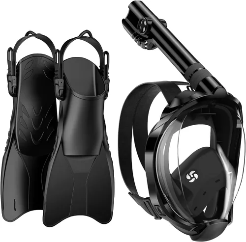 WSTOO Mask Fins Snorkel Set,Snorkeling Gear for Adults,Full Face Snorkel Mask & Adjustable Swim Fins,Dry Top System Anti-Fog Anti-Leak