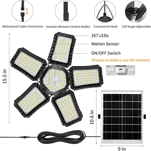 Miniatura 6 de AEQ Luz solar disponible todo el día, 267 luces solares LED para exteriores e interiores con sensor de movimiento, control remoto, temporizador
