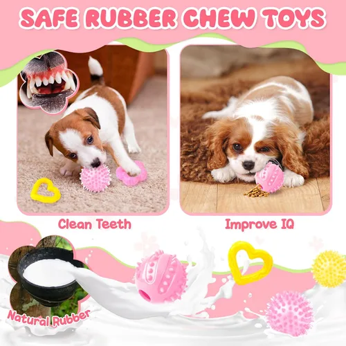 Miniatura 6 de Zeaxuie Paquete de 23 juguetes rosados para cachorros para dentición, juguetes para perros pequeños con lindos juguetes masticables para cachorros