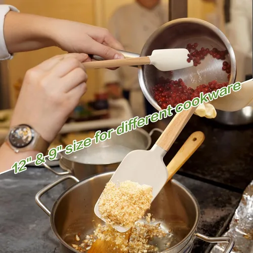 Miniatura 3 de LorisArm Espátulas de madera de mango largo, espátulas de silicona raspadoras de goma de 12 y 9 pulgadas para frasco, licuadora, botella.