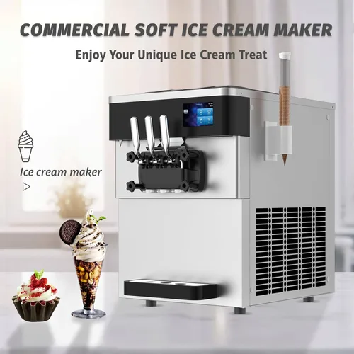Miniatura 2 de Máquina comercial para hacer helados, 110 V, 2200 W, 3 sabores para encimera, suave, 5,3 a 7,4 galones/H, preenfriamiento, pantalla táctil LCD