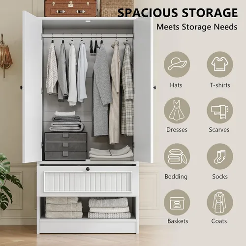 Miniatura 9 de iPormis Armario de madera con puerta de espejo y cajón, armario para recámara con 2 puertas para colgar ropa, color blanco