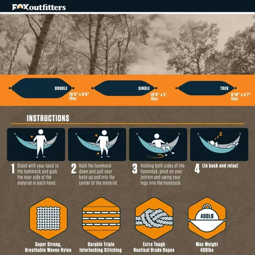 Miniatura 2 de Fox Outfitters Neolite - Hamaca doble para campamento, ligera, portátil, de nailon, para mochileros, viajes, playa, patio, correas de hamaca y Gris