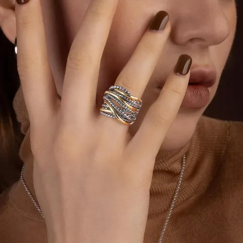 Miniatura 3 de Mytys - Anillos de banda ancha trenzados, anillo de cuerda torcida, anillos de declaración trenzados de dos tonos de metal mixto, joyería de moda