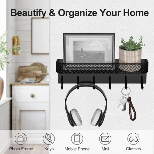 Miniatura 4 de Lwenki Soporte para llaves de pared – Colgador decorativo de acero inoxidable con 6 ganchos para sombreros, bolsos, correas – Organizador de correo