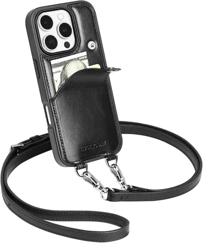 Miniatura 25 de LUCKYCOIN Funda tipo cartera cruzada para iPhone 14 Pro, funda de piel auténtica con protección contra caídas para mujer, con tarjetero expandible