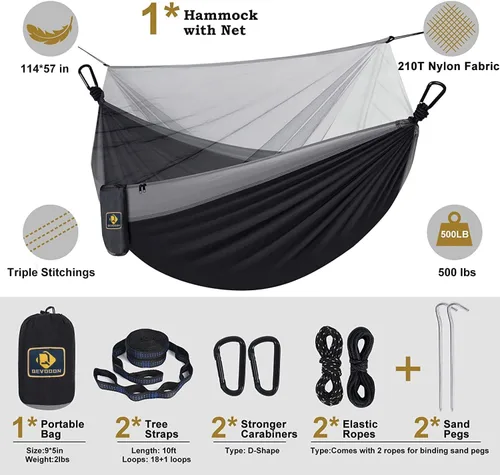 Miniatura 2 de Hamaca de camping con red, hamaca doble portátil ligera con correas para árbol y mosquetones sólidos en forma de D, hamaca de nailon de paracaídas