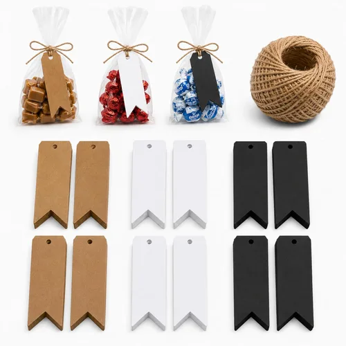 Miniatura 7 de Etiquetas de regalo de papel kraft de 150 quilates con StringTwine negro, blanco, marrón, juego a granel (festoneadas)