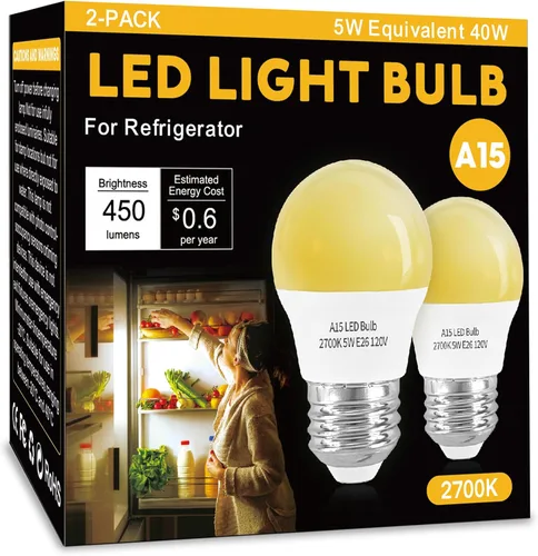 LED Refrigerator Light Bulb 2 Pack,Soft White 2700K 120V 40W Equivalent Appliance Bulb,A15 5W E26 Base Waterproof Fridge Light Bulbs for Freezer