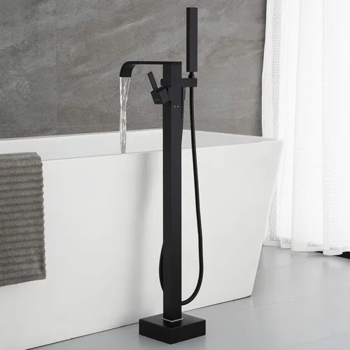 Miniatura 3 de Grifo de bañera independiente Llenador de bañera Negro Montaje en el piso Grifos de baño Latón Manija única con ducha de mano