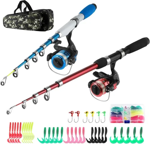Combos de caña de pescar y carrete, kit de caña de pescar plegable, 2 piezas de caña telescópica + 2 piezas de carretes giratorios + anzuelos + Rojo