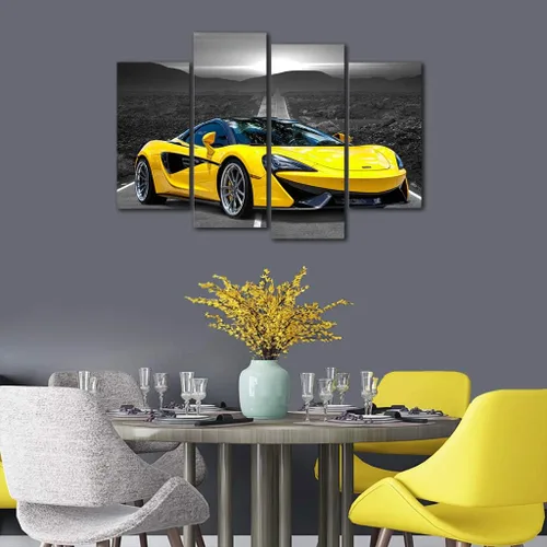 Miniatura 6 de Póster de pared en blanco y negro, 4 piezas de automóvil deportivo amarillo grande, lienzo para habitación de niños, dormitorio, sala de estar