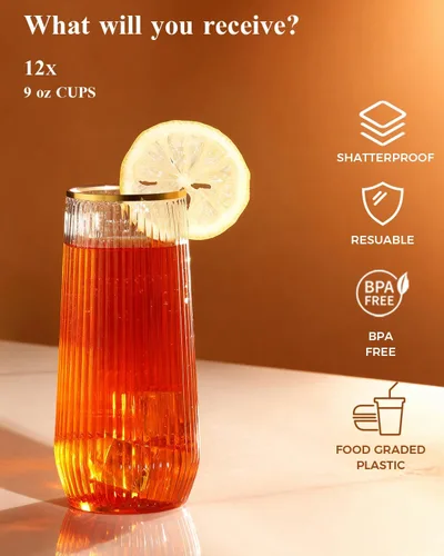 Miniatura 5 de BESTSTAR 24 Pack Plastic Ribbed Origami Ripple Plastic Glasses Set - 12 9 OZ Stemless Champagne Flutes & 12 12OZ Cups, BPA-Free Shatterproof Clear