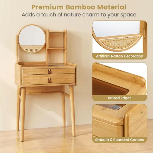 Miniatura 5 de Escritorio de tocador bohemio con espejo, mesa de tocador de maquillaje de bambú con 2 cajones de almacenamiento, estantes de gabinete y mesa