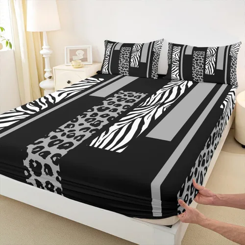 Miniatura 37 de Sábana bajera ajustable con estampado de leopardo, tamaño individual, juego de ropa de cama rústica con rayas de piel de cebra, decoración