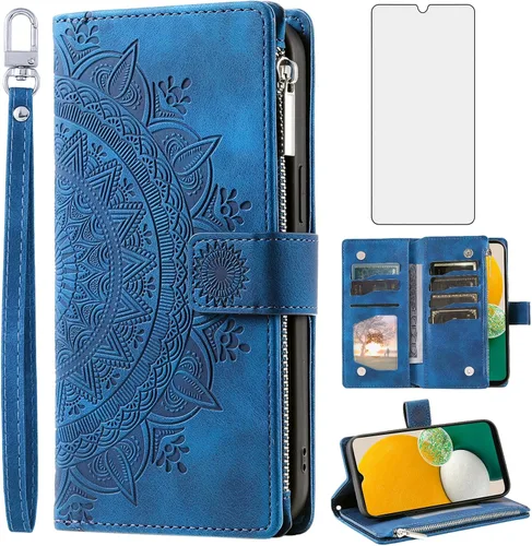 Asuwish Funda de teléfono para Samsung Galaxy A13 4G/5G Funda tipo cartera con protector de pantalla de vidrio templado, correa para la muñeca,