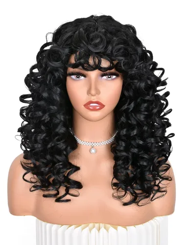 ANNISOUL Pelucas rizadas negras para mujeres negras, peluca afro rizada larga con flequillo para mujeres, fibra sintética sin pegamento, pelo