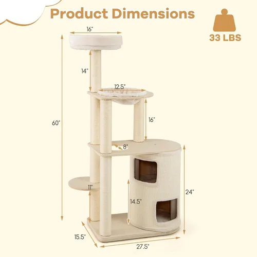 Miniatura 4 de Tangkula Torre de árbol para gatos, torre de madera moderna de varios niveles para gatos de 60 pulgadas con condominio de 2 pisos, postes rascadores