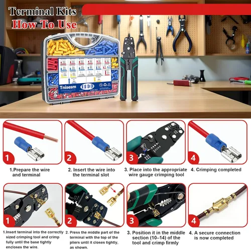 Miniatura 5 de Tnisesm Kit de conector de cable de 1100 piezas con herramienta de prensado, terminales de cable eléctrico con aislamiento de cobre, anillo, tope