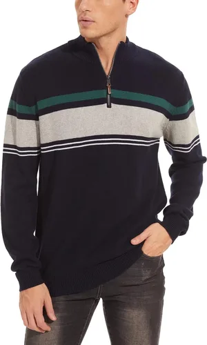 Miniatura 3 de MAGCOMSEN Suéteres para hombre con cremallera de 14, casuales, a rayas, suéteres tipo polo para otoño e invierno