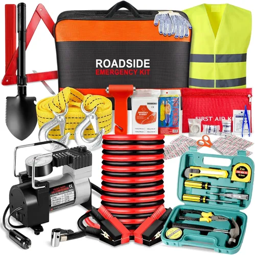 Kit de emergencia para automóvil con compresor de aire, kit de emergencia en carretera para vehículos, automóvil, camión con cables de puente, kit