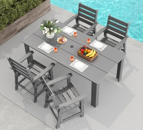 Miniatura 29 de GREENVINES Juego de comedor al aire libre de 7 piezas Juegos de mesa y sillas de plástico HDPE de 67 pulgadas para 6 Muebles de patio Todo