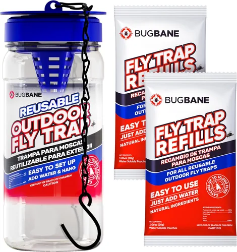 Trampa para moscas para exteriores para patio con 2 recambios de cebo solubles no tóxicos. Reutilizable para colgar insectos para todas las moscas