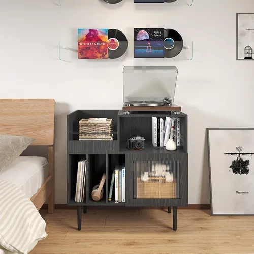 Miniatura 7 de HedoAjim Soporte grande para tocadiscos con almacenamiento de vinilo, soporte para tocadiscos con puerta acrílica, mesa auxiliar para tocadiscos